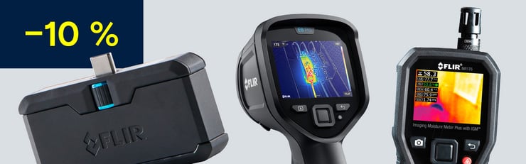 Drei FLIR-Messgeräte, darunter eine Wärmebildkamera und ein Feuchtemessgerät, vor hellem Hintergrund mit Hinweis auf 10 % Rabatt.