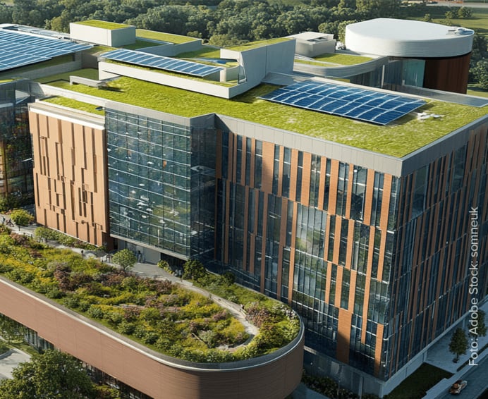 Dieses Bild zeigt eine moderne Klinik, mit einer grünen Dachlandschaft und Solarzellen. Die Architektur ist zeitgemäß und nachhaltig gestaltet, da der grüne Raum und die Solartechnologie auf umweltfreundliche Praktiken hinweisen.
