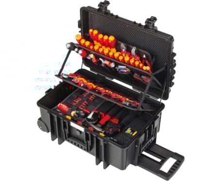 Das Bild zeigt das Werkzeug-Set Elektriker Competence XXL II 113tlg. inkl. Koffer. Beim Klick auf das Bild werden die Produkte von mobilen Werkzeuglösungen der Firma Wiha aufgerufen.