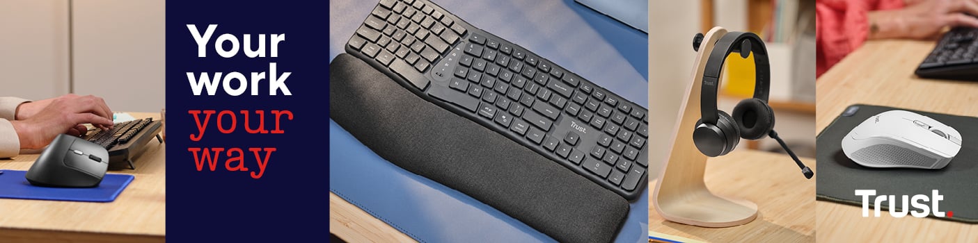 Das Bild zeigt eine Collage aus ergonomischem Computerzubehör, das in fünf Abschnitten angeordnet ist.