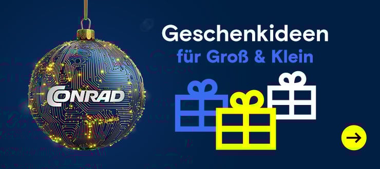 Eine blaue Weihnachtskugel mit Leiterplattenmuster und leuchtenden Punkten hängt links, daneben steht der Text „Geschenkideen für Gross & Klein“ sowie drei stilisierte Geschenkicons in Blau, Gelb und Weiss.