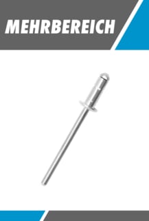 Das Bild zeigt eine einzelne, silberne Mehrbereich-Blindniete, die schräg von links unten nach rechts oben ausgerichtet ist, mit dem Wort "MEHRBEREICH" im oberen Bereich.