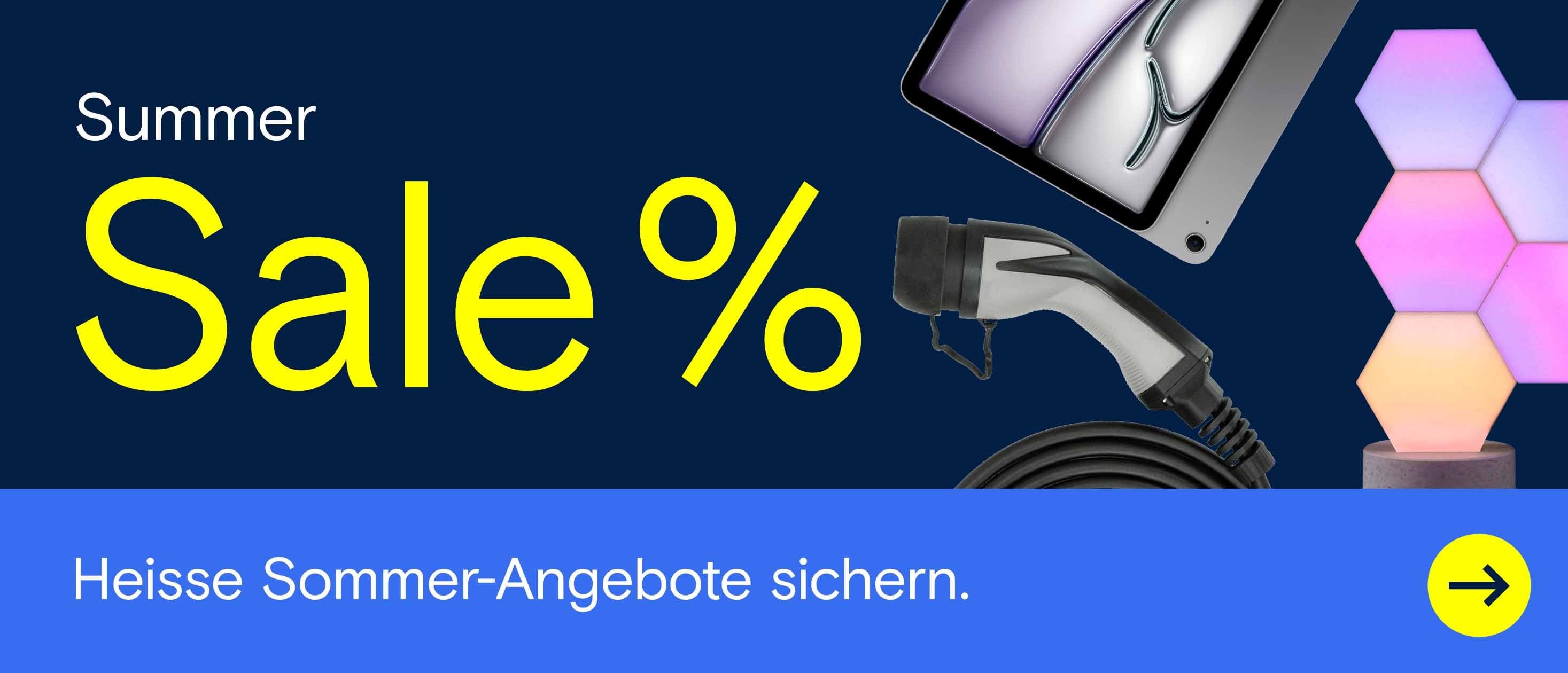 Banner zum Summer Sale mit Tablet, Ladekabel, farbigen Wandleuchten und Hinweis auf heisse Sommer-Angebote.