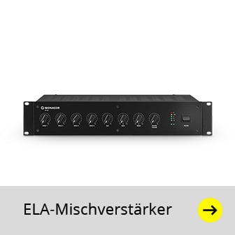 Das Bild zeigt einen schwarzen Monacor ELA-Mischverstärker mit mehreren Drehreglern und LED-Anzeigen auf der Vorderseite vor einem weißen Hintergrund, unter dem sich ein grauer Balken mit der schwarzen Aufschrift "ELA-Mischverstärker" und einem gelben Pfeil nach rechts befindet.