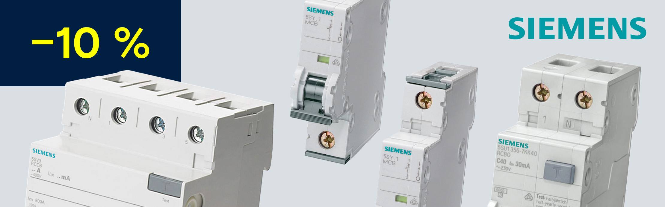Banner mit Siemens Leitungsschutzschaltern und Fehlerstromschutzschaltern sowie „–10 %“-Hinweis.