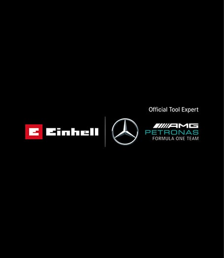 Das Bild zeigt auf schwarzem Hintergrund das rote Einhell Logo, daneben das Mercedes-Benz Logo und den Schriftzug "AMG PETRONAS FORMULA ONE TEAM" mit dem Text "Official Tool Expert" darüber.