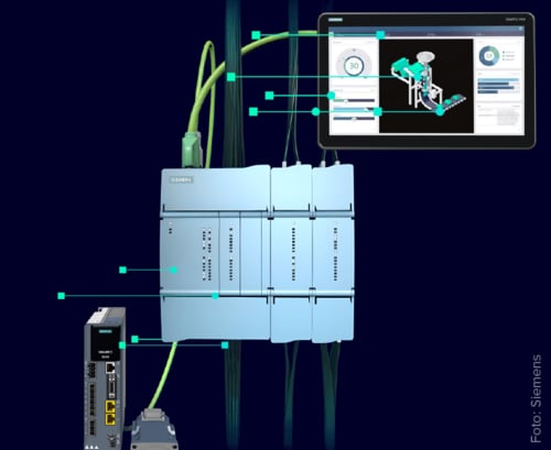  Eine digitale Illustration, die eine Siemens-Steuerungseinheit mit mehreren Modulen und einem daran angeschlossenen Tablet zeigt, auf dem eine Visualisierung der Produktionsdaten dargestellt wird.