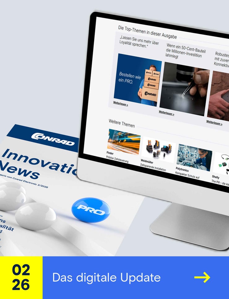 Conrad Innovation News mit Magazin und digitaler Ausgabe auf einem Monitor, ergänzt durch den Hinweis „Innovation News – das digitale Update“.
