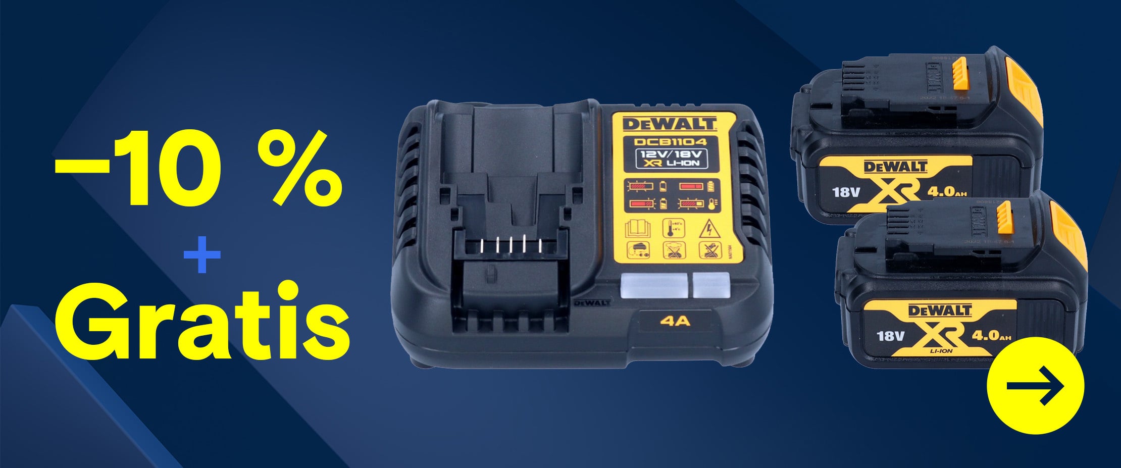 Werbebanner mit „-10 % + Gratis“ sowie DeWalt Ladegerät und zwei 18V XR 4 Ah Akkus auf blauem Hintergrund.