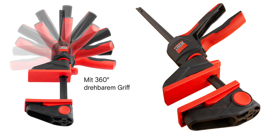 Bessey Einhandzwinge mit 360 Grad drehbarem Griff für flexible Anwendungen in Werkstatt und Handwerk.