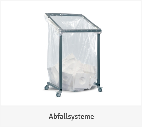 Ein fahrbarer Müllsackständer aus grauem Metall mit einem eingehängten, transparenten Müllsack voller Styroporabfälle auf weißem Hintergrund mit der Unterschrift „Abfallsysteme“.