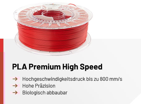 Eine transparente Spule mit rotem Filament über einer Infografik, die den Schriftzug „PLA Premium High Speed“ sowie die Eigenschaften Hochgeschwindigkeitsdruck bis zu 800 mm/s, hohe Präzision und biologisch abbaubar auflistet.