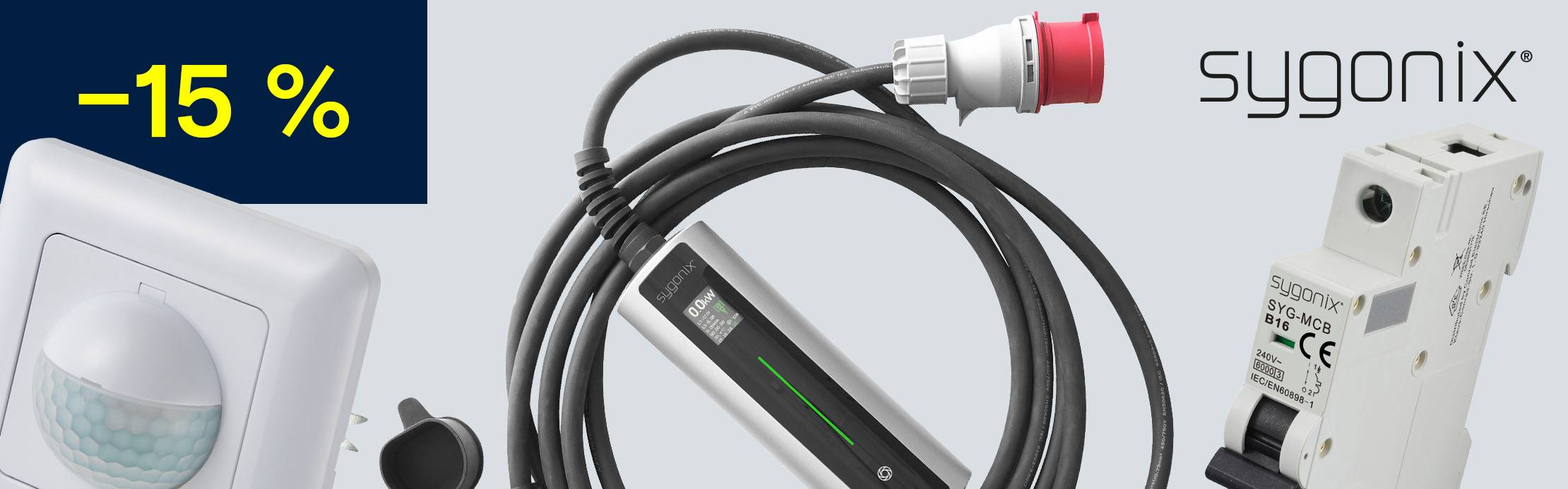 Solarleuchte, LED-Strahler und Glühbirne von Sygnonix mit Solarpanel und „-15 %“-Hinweis.
