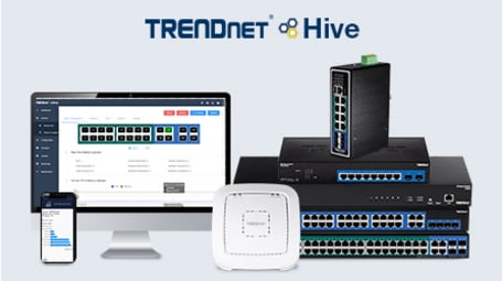 TrendNet Hive Netzwerkgeräte werden mit einer Verwaltungsoberfläche auf einem Computerbildschirm und einer mobilen App angezeigt.