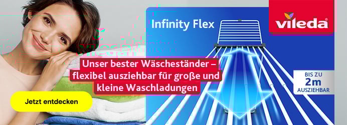 Anwendungsbild "Wäschestände und Bügeleisen". Text "Clever trocknen, einfach bügeln."