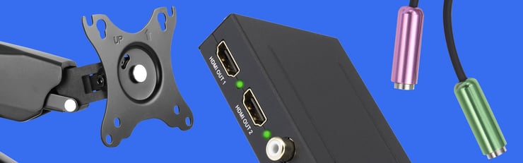 Produktcollage mit HDMI-Splitter, Wandhalterung und farbige Audiostecker