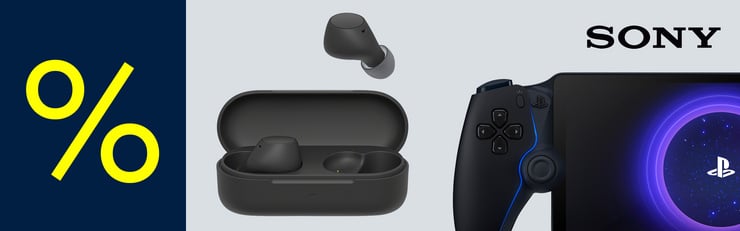 Eine Dunkelblaue Fläche mit Prozentzeichen steht neben zwei Produkte von Sony