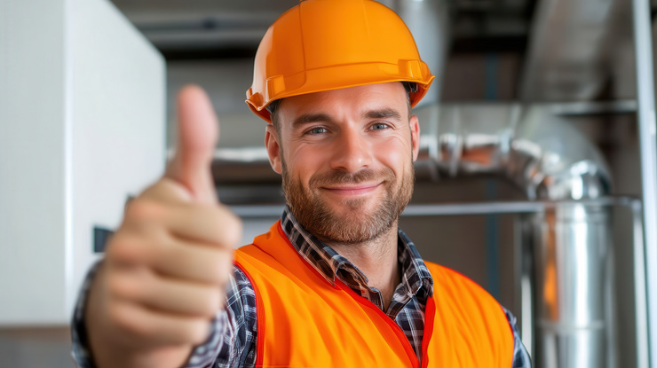 Ein Arbeiter mit Schutzhelm und Leuchtweste zeigt einen Daumen hoch