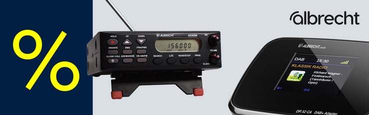 Werbebanner mit einer dunkelblauen Fläche worauf ein großes Prozentzeichen neben zwei Produkten von Albrecht abgebildet ist