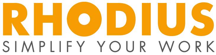 Das Firmenlogo besteht aus dem markanten, orangefarbenen Schriftzug „RHODIUS“ und dem darunterstehenden grauen Slogan „SIMPLIFY YOUR WORK“ auf weißem Hintergrund.
