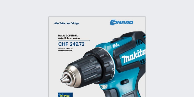 Graue Titelseite mit einem grossen blauen Makita Akku-Bohrschrauber