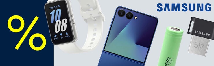 Abgebildet sind verschiedene Samsung-Produkte wie eine Smartwatch, ein Smartphone, ein USB-Stick und eine grüne Batterie, daneben ein großes gelbes Prozentzeichen.