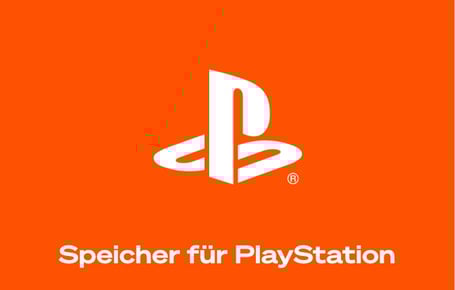  Ein orangefarbener Kasten zeigt oben mittig das weiße Playstation-Logo, darunter steht in weißer Schrift "Speicher für Playstation".