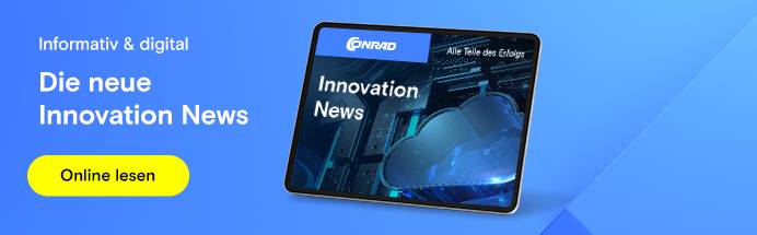 Ein Tablet auf dem die Startseite der Conrad InnoNews zu sehen ist. Links daneben ein Button mit Onlien lesen und der Link führt zu den InnoNews.
