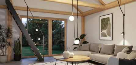 Das Bild zeigt einen nach oben offenen Wohnraum mit einer Treppe an deren Decke eine Installation von Lampen des Paulmann Gurt-Systems ULinie angebracht ist. Bei Klick auf das Bild wird der Beitrag "Flexible Lichtplanung mit Design-Akzent" aufgerufen.
