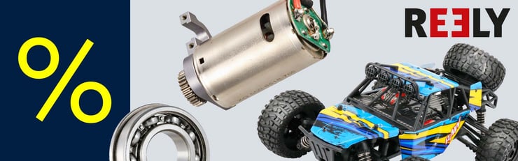 Werbegrafik der Marke REELY mit einem RC-Auto, einem Elektromotor und einem Kugellager sowie einem großen Prozentzeichen.