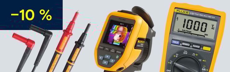 Mehrere gelbe und schwarze Fluke-Messgeräte und Messleitungen mit –10 %-Rabatt-Hinweis.