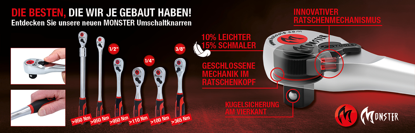 Infografik zur KS Tools MONSTER Umschaltknarren-Serie mit technischen Details zu Drehmomenten, dem innovativen Ratschenmechanismus und verschiedenen Größen von 1/4" bis 1/2".