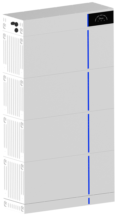 Modularer Deye Energiespeicher, ein weißes Batteriesystem mit blauem Streifen.