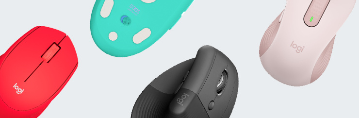 Vier Logitech-Mäuse in Rot, Türkis, Schwarz und Rosa auf hellem Hintergrund.