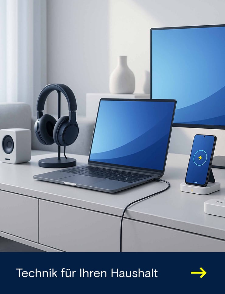 Werbebanner mit zwei bunten Icons, die einen Einkaufswagen und ein Haus darstellen