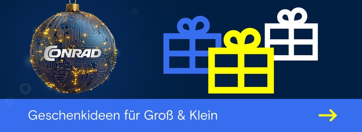 Eine blaue Weihnachtskugel mit Leiterplattenmuster und leuchtenden Punkten hängt links, daneben steht der Text „Geschenkideen für Gross & Klein“ sowie drei stilisierte Geschenkicons in Blau, Gelb und Weiss.