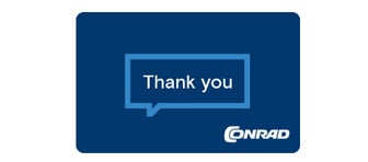 Das Bild zeigt eine dunkelblaue Karte mit abgerundeten Ecken. In der Mitte befindet sich eine blaue Sprechblase mit dem weißen Text "Thank you". Unten rechts ist das weiße Conrad-Logo zu sehen.