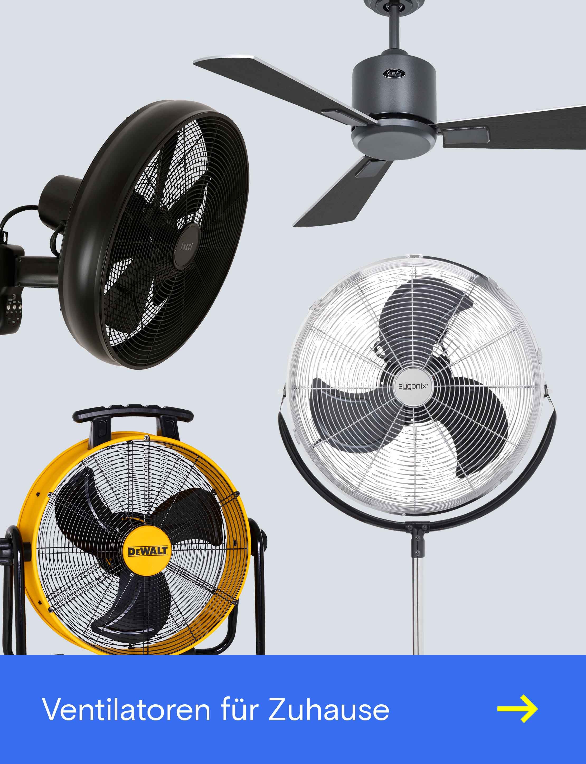 Grafik mit verschiedenen Ventilatoren für Zuhause, darunter Decken-, Stand- und Wandventilatoren, sowie dem Text ‚Ventilatoren für Zuhause‘.