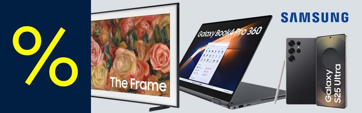 Samsung-TV, Laptop und Smartphone mit gelbem Prozentzeichen.