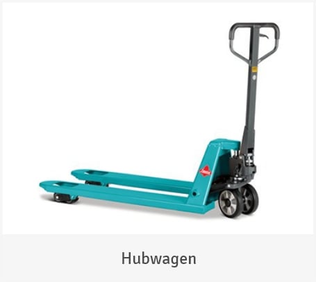 Ein flach stehender, türkisfarbener manueller Hubwagen mit grauer Deichsel und zwei schwarzen Lenkrädern auf weißem Hintergrund mit der Beschriftung „Hubwagen“.