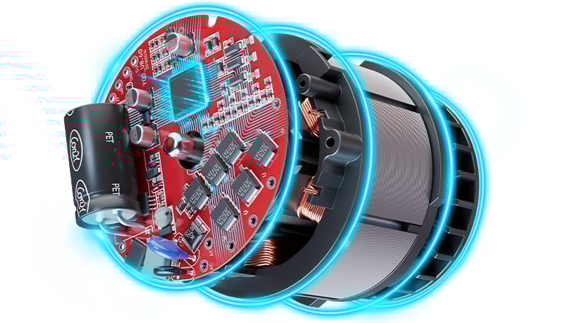  Eine detaillierte Nahaufnahme zeigt einen Einhell PurePOWER Brushless Motor, der von blauem Licht umgeben ist und dessen elektrische Komponenten sichtbar sind.