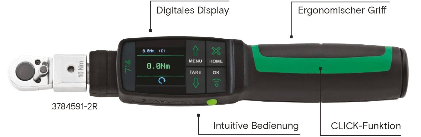 Ein digitaler Drehmomentschlüssel der Marke STAHLWILLE mit Beschriftungen zu Display, Griff, Bedienung und Klick-Funktion.