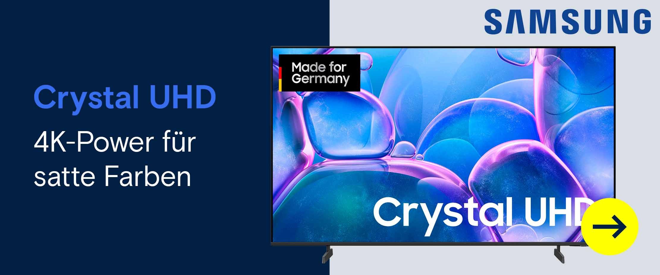 Das Bild zeigt eine Samsung-Werbegrafik mit dem Text „Crystal UHD – 4K-Power für satte Farben“ sowie einem Fernseher mit farbintensiver Bildschirmdarstellung.