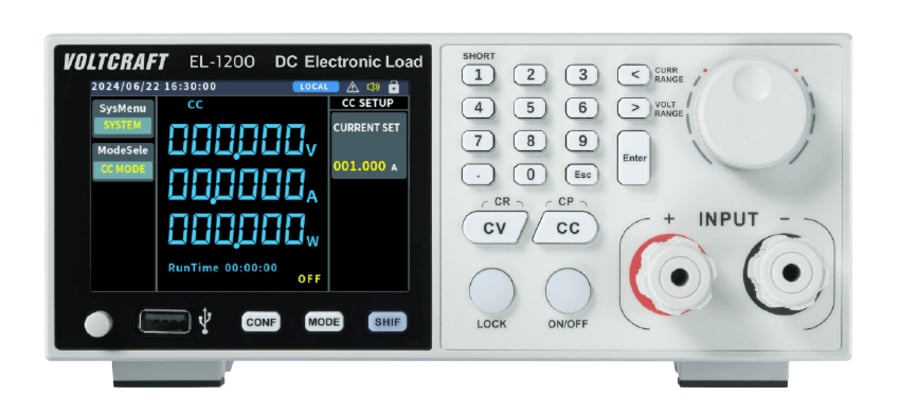 Vorderansicht einer elektronischen Last des Typs Voltcraft EL-1200 mit einem digitalen Display für Strom- und Spannungswerte sowie verschiedenen Bedienelementen und Anschlüssen auf einer hellen Frontplatte.