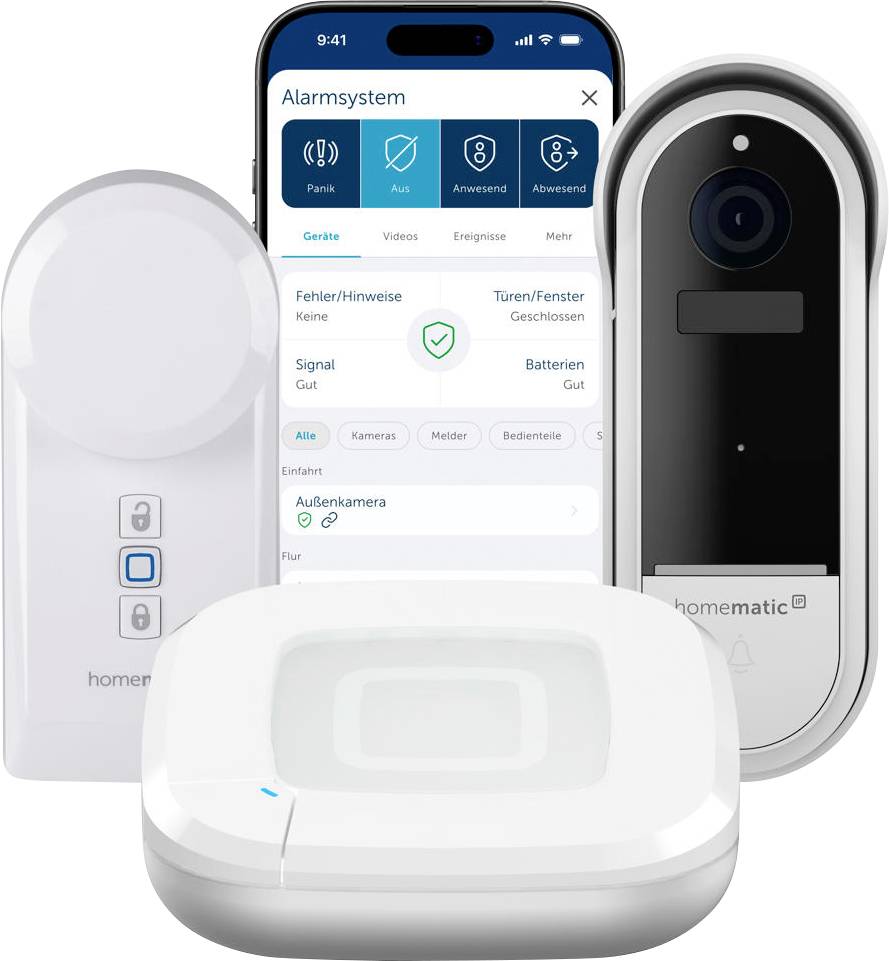 Smart-Home-Komponenten mit Smartphone-App, Videotürklingel, Sensoren und Zentrale auf weissem Hintergrund.
