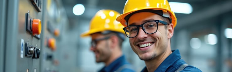 Ein Arbeiter mit einem gelben Schutzhelm der eine Maschine bestätigt und dabei in die Kamera lacht.