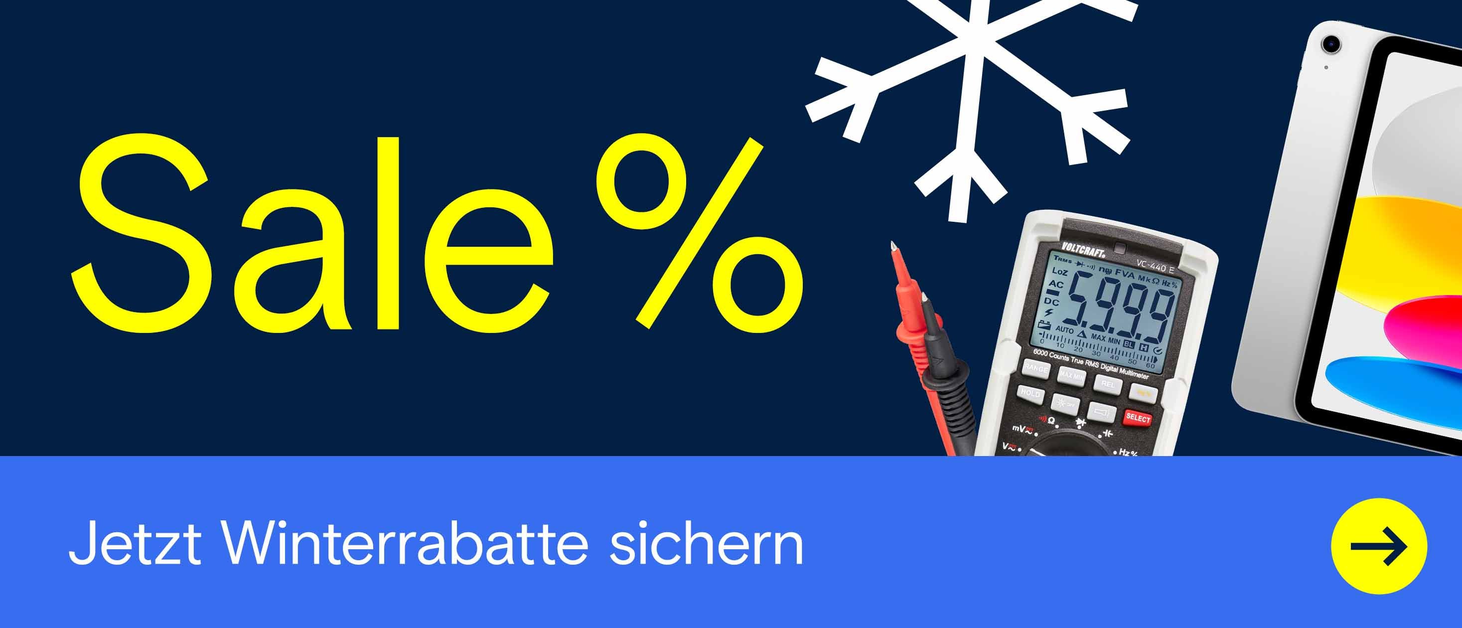 Banner mit „Sale %“, Schneeflocken-Symbol, Multimeter und Tablet sowie dem Hinweis „Jetzt Winterrabatte sichern“.