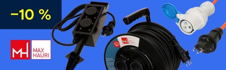 Werbebanner von Max Hauri mit 10 % Rabatt auf Stromlösungen für Camper und Garten, abgebildet mit Stecker, Kupplung, Mehrfachsteckdose und Kabelrolle.