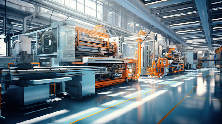 ertigungshalle mit orangefarbenen Industriemaschinen in Reihe, Sensorik als Grundlage für vorausschauende Wartung
