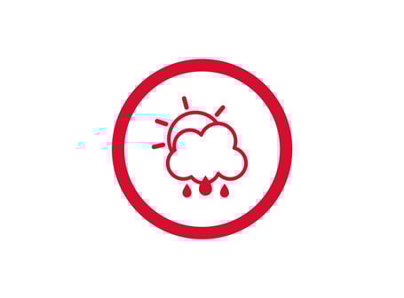 Ein rotes kreisförmiges Icon auf weißem Grund zeigt eine stilisierte Wolke mit Regentropfen, hinter der eine strahlende Sonne hervorlugt.